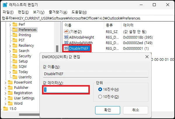 DisableTNEF 값 데이터 변경