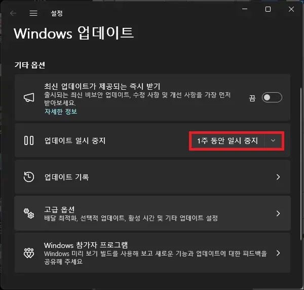 windows 업데이트 일시 중지 설정