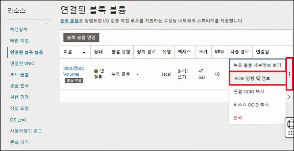 오라클 클라우드 iSCSI 명령