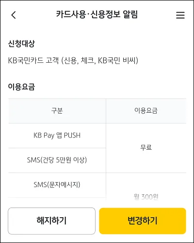 국민카드 사용 문자 알림 서비스 해지